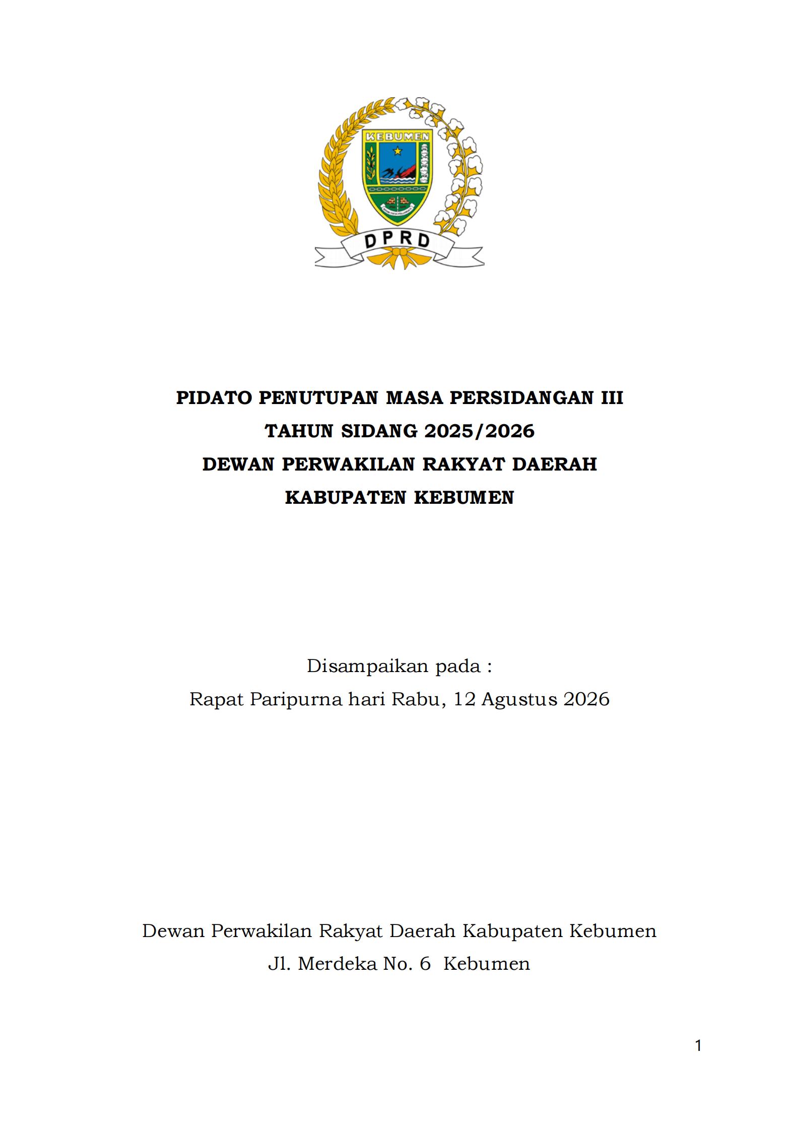 Pidato Penutupan Masa Persidangan III Tahun Sidang 2025/2026